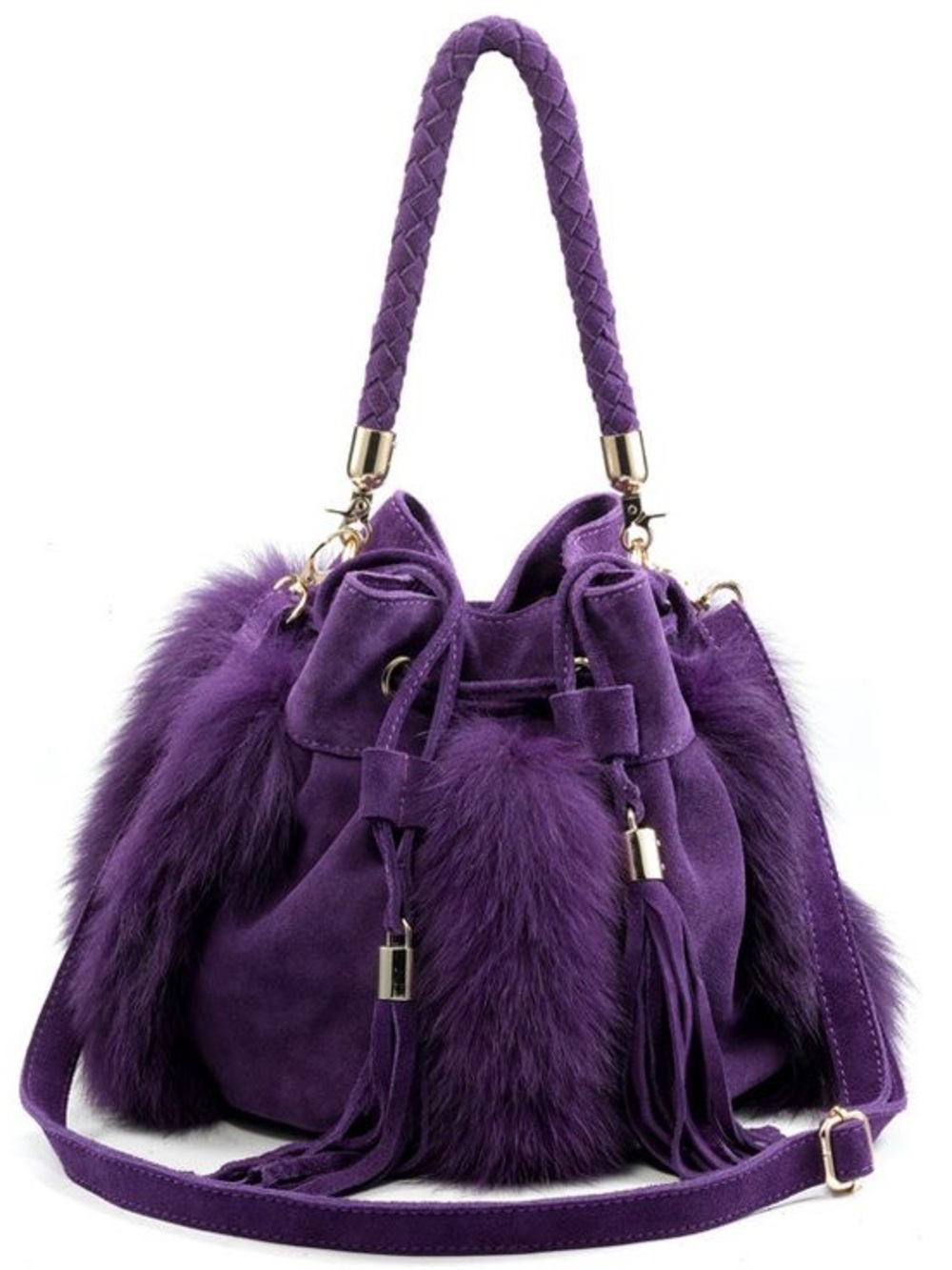 SHERENE Melinda Purple Plum Lou Lou Suede And Rabbit Fur Pouch Bag